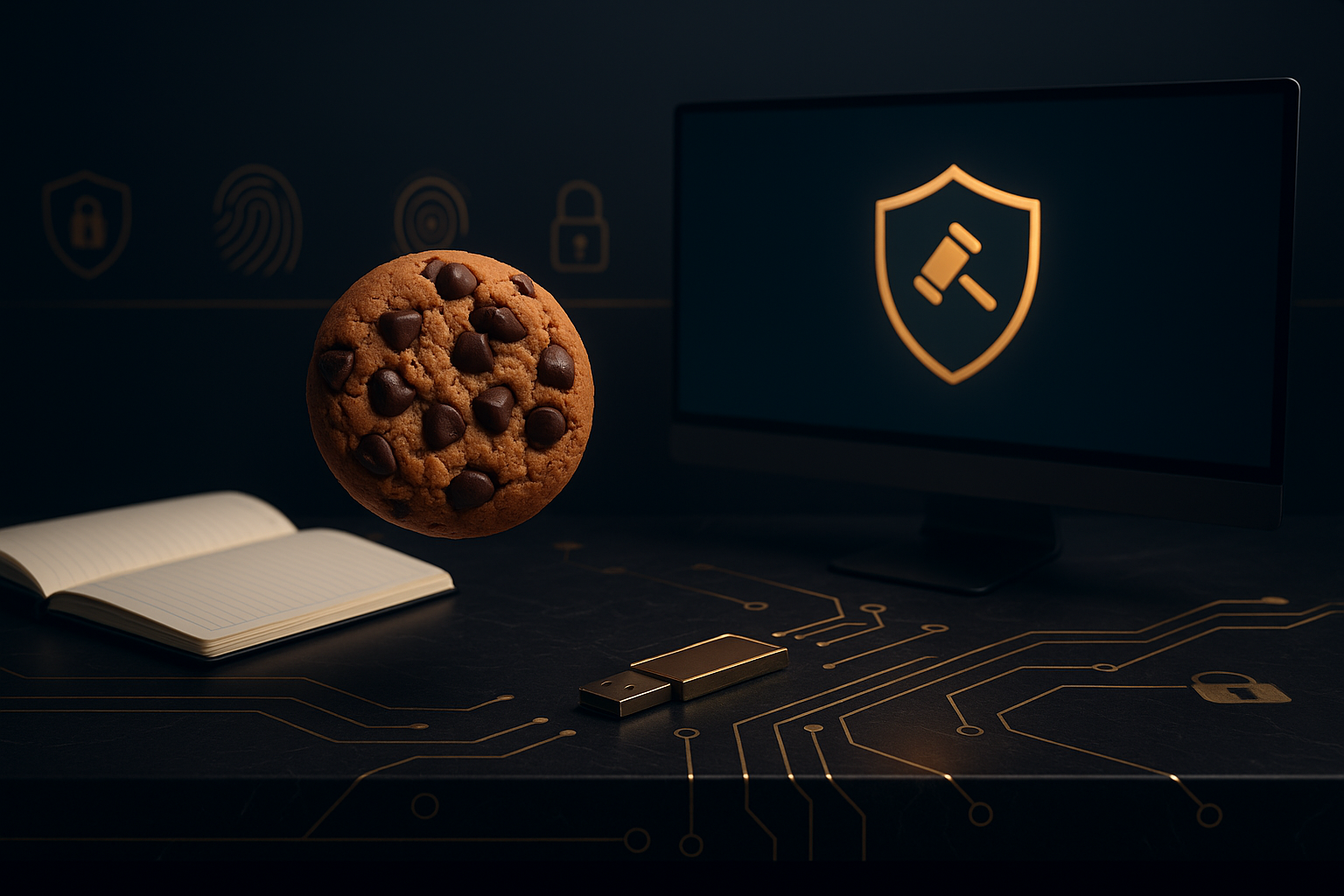 Schwebender Schoko-Cookie über futuristischem Schreibtisch mit Datenschutzsymbolen – visuelle Metapher für Cookie-Richtlinie