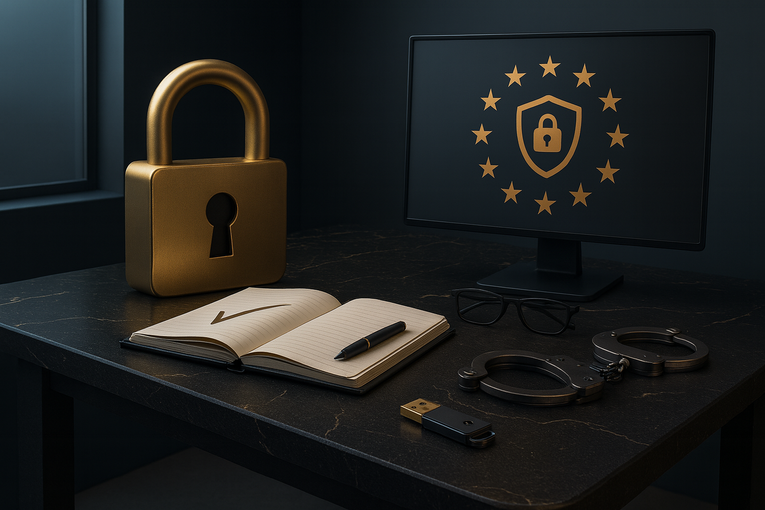 Visualisierung von Datenschutz und DSGVO mit goldfarbenem Schloss, Monitor und Sicherheitssymbolen auf dunklem Schreibtisch