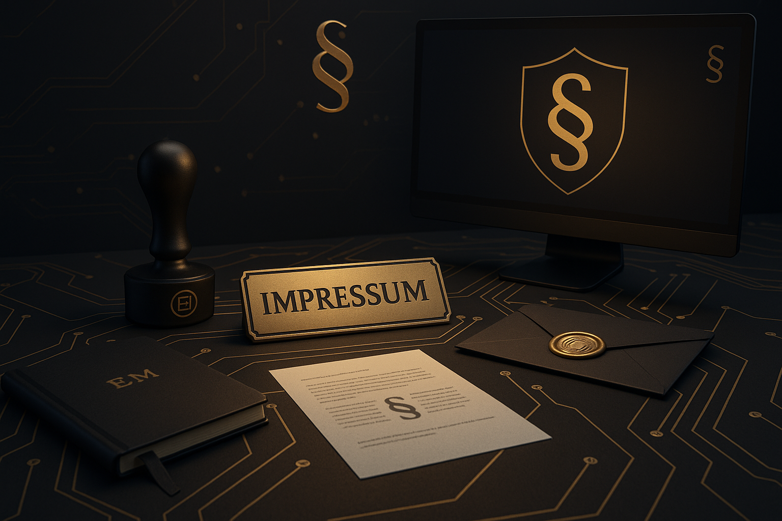 Symbolische Darstellung eines Impressums auf modernem Hightech-Schreibtisch mit goldener Platinenstruktur, §-Symbol und Dokumenten