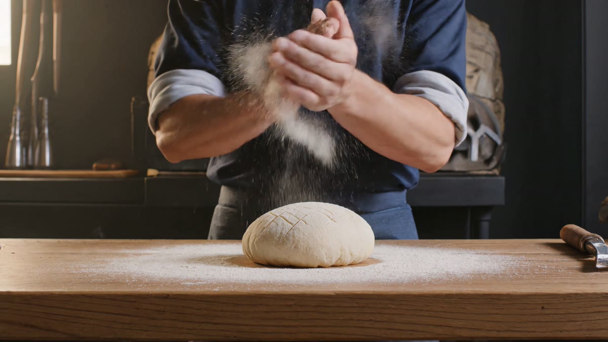B&auml;cker formt frischen Teig in einer Mehlwolke