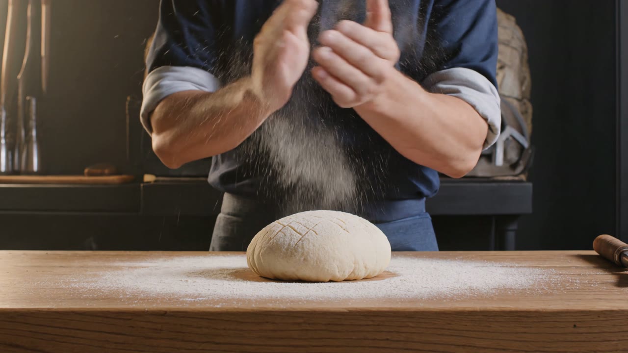B&auml;cker klatscht Mehl &uuml;ber einen frischen Sauerteiglaib im warmen Licht